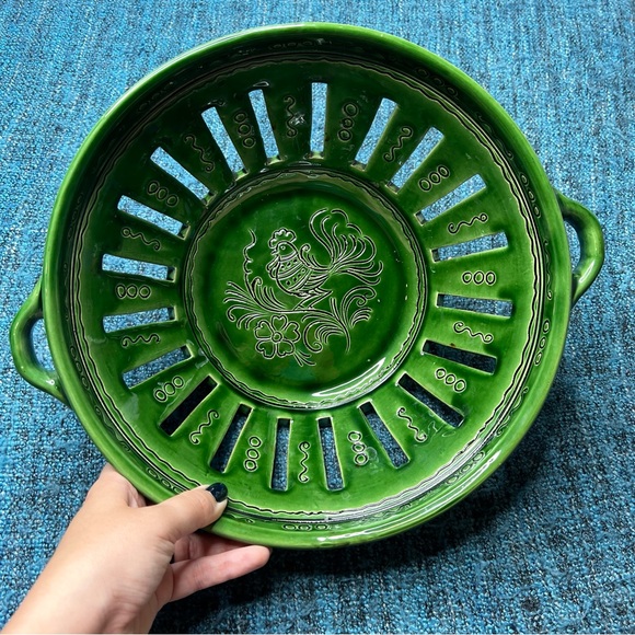 Hungarian Sgraffito Pottery Ceramic Dish Colander Style Berry Bowl Hungary 13" - Picture 3 of 8